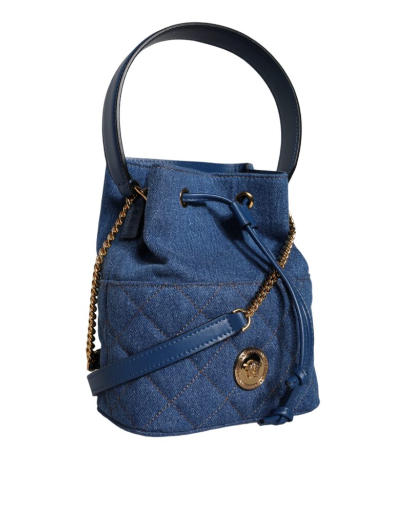 Geantă crossbody din denim și piele matlasată albastră Versace - imagine 4